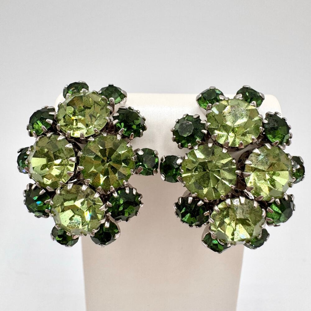 Vintage Western Germany Green Rhinestone Cluster Clip On Earrings MCM Signed